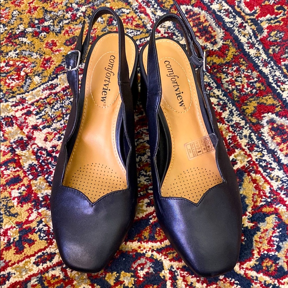 Comfortview Black Scalloped Sling Back Chunky Heel Square Toe Size 8